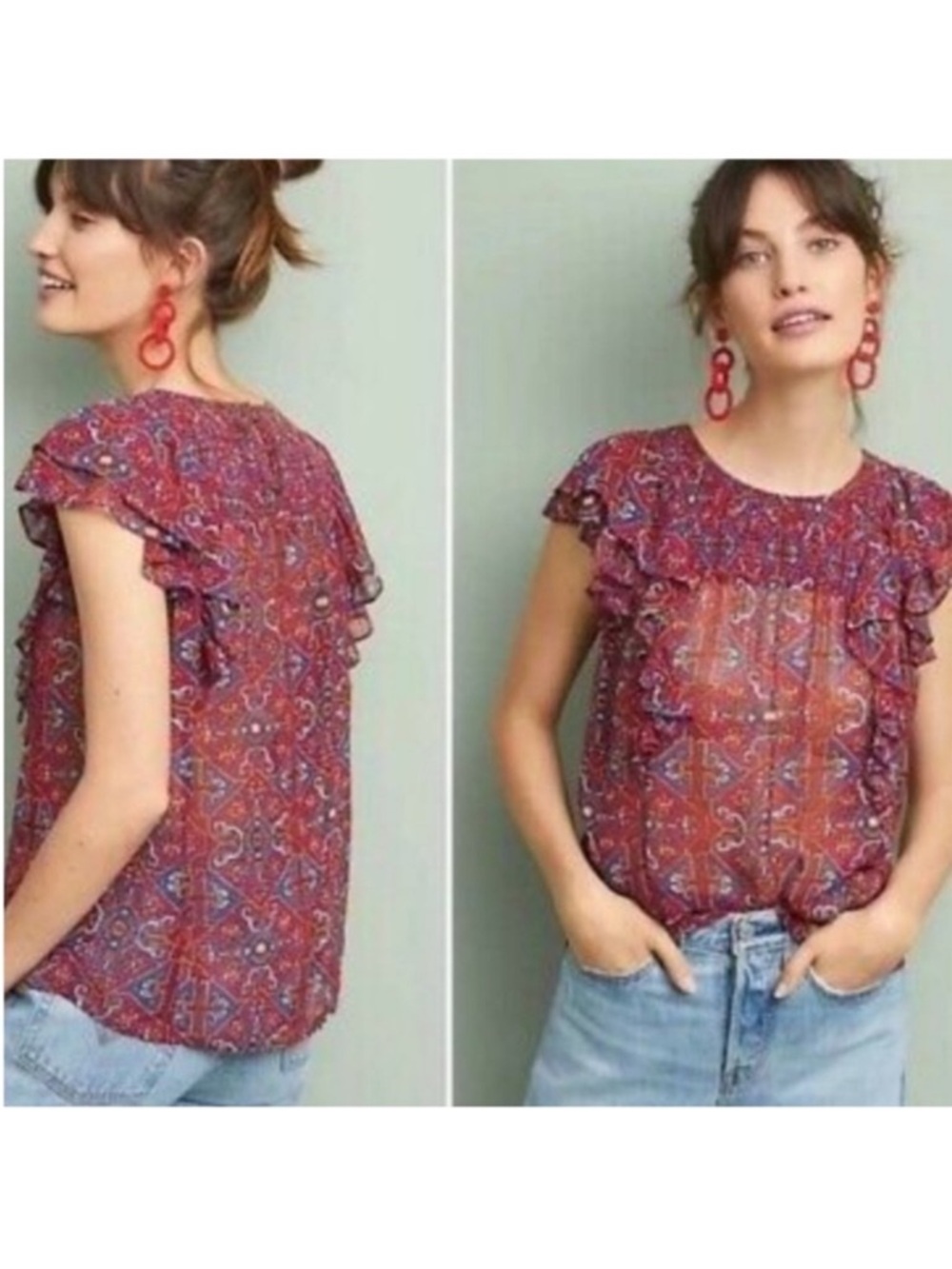 Anthropologie Meadow Rue Majolica Sleeveless Shirred‎ Ruffle Blouse Red Blue